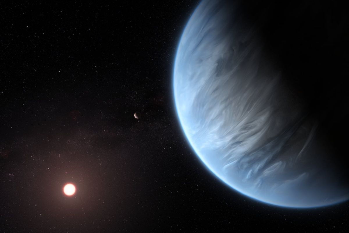 Ilustrasi K2-18b, bintang induknya dan plannet lain di sistem tersebut.