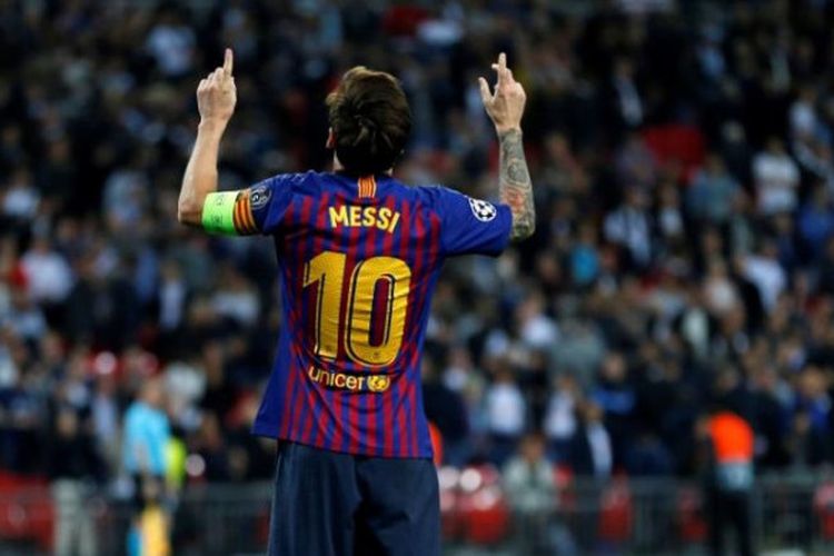 Lionel Messi merayakan gol untuk Barcelona ke gawang Tottenham Hotspur dalam partai Liga Champions di Wembley, London, 3 Oktober 2018.
