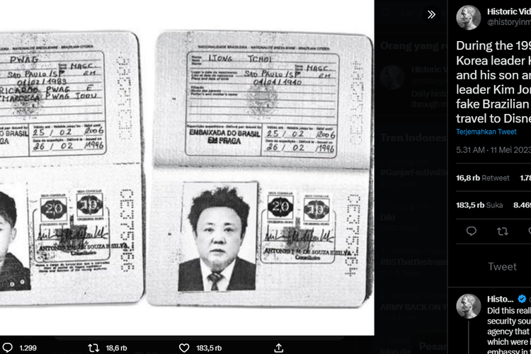 Tangkap layar potret paspor palsu Kim Jong Un dan Kim Jong Il yang digunakan untuk berkunjung ke luar negeri.