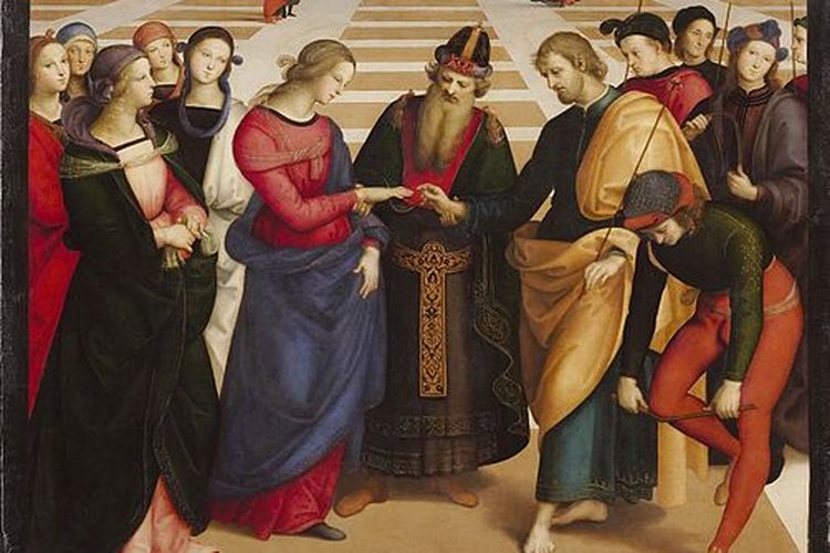 Lukisan Spozalizio (Pertunangan Perawan Maria), karya seni Renaisans dari minyak pada panel bundar, di Pinacoteca di Brera, Milan