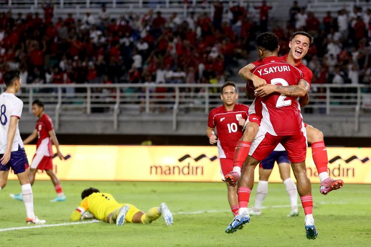 Pemain timnas Indonesia Eliano Reijnders usai menjebol gawang Taiwan saat laga FIFA Matchday yang berakhir dengan skor 6-0 berlangsung di Stadion Gelora Bung Tomo Surabaya, Jawa Timur, Jumat (5/9/2025) malam.