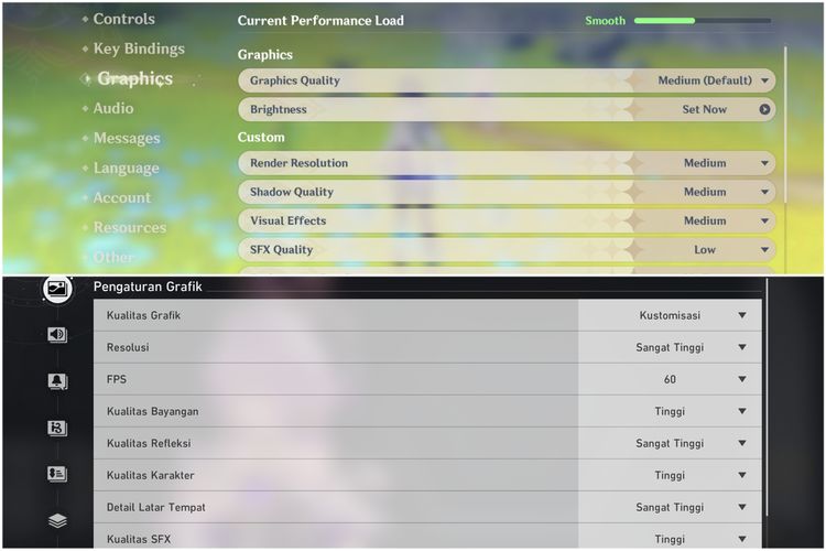 Ilustrasi pengaturan grafis game Genshin Impact dan Honkai Star Rail.