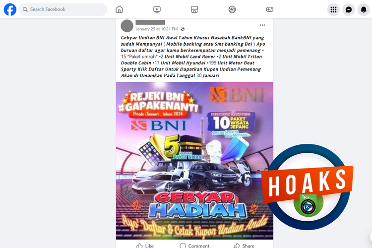 Tangkapan layar konten hoaks di sebuah akun Facebook, Kamis (25/1/2024), soal undian berhadiah Bank Papua.