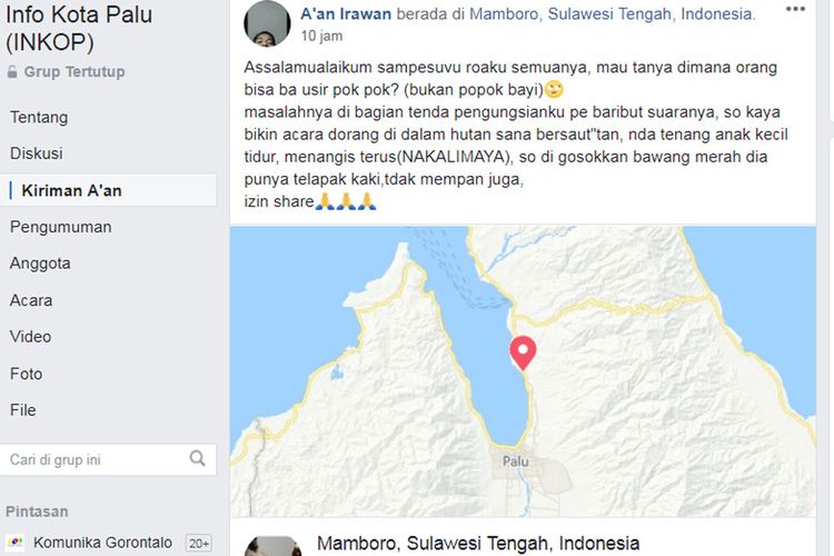 Postingan seorang pengungsi korban gempa dan tsunami di Mamboro yang takut hantu pokpok di Facebook menuai banyak komentar netizen. 