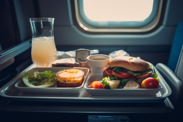 Ilustrasi cara dapat menu makanan halal di pesawat internasional.