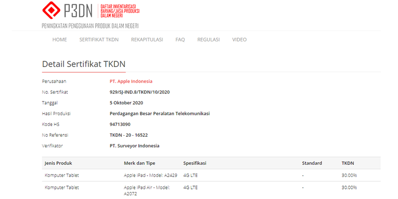 Tangkapan layar TKDN iPad Air di laman sertifikasi TKDN Kemenperin.
