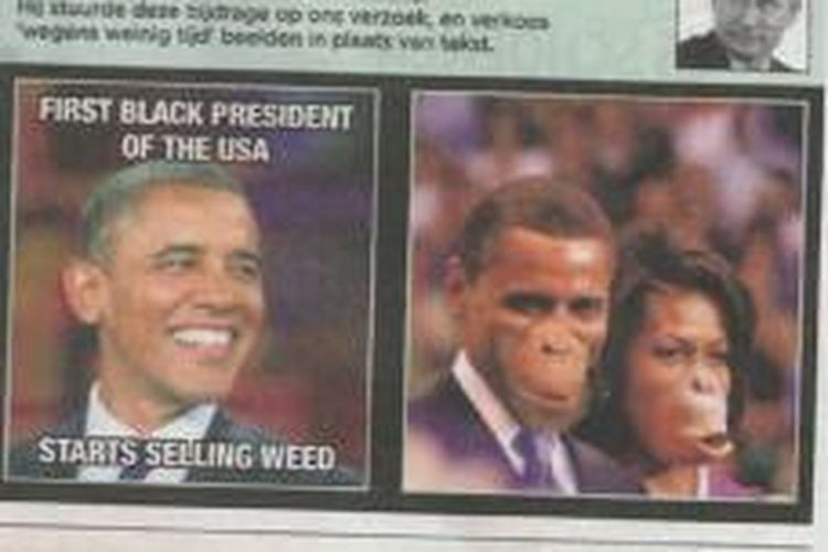 Penulis Belgia kelahiran Nigeria, Chika Unigwe, menyebarkan ke Twitter gambar sosok Obama dan istrinya Michelle Obama sebagai kera yang dimuat di sebuah harian Belgia.