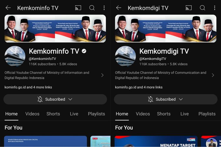 Tampilan nama channel YouTube Kominfo berubah dari Kemenkominfo TV menjadi Kemkomdigi TV.