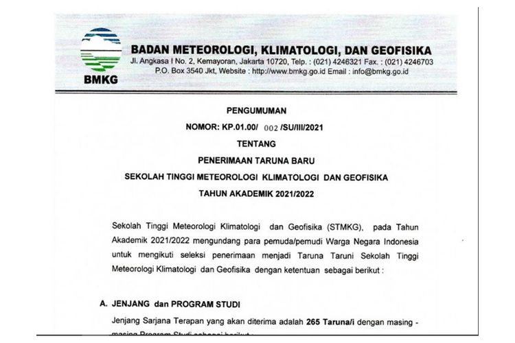 Penerimaan Taruna Baru Sekolah Tinggi Meteorologi Klimatologi dan Geogisika 2021