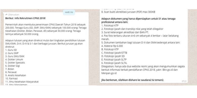 Tangkapan layar berita rekrutmen CPNS 2018 yang tersebar melalui aplikasi jejaring sosial WhatsApp.