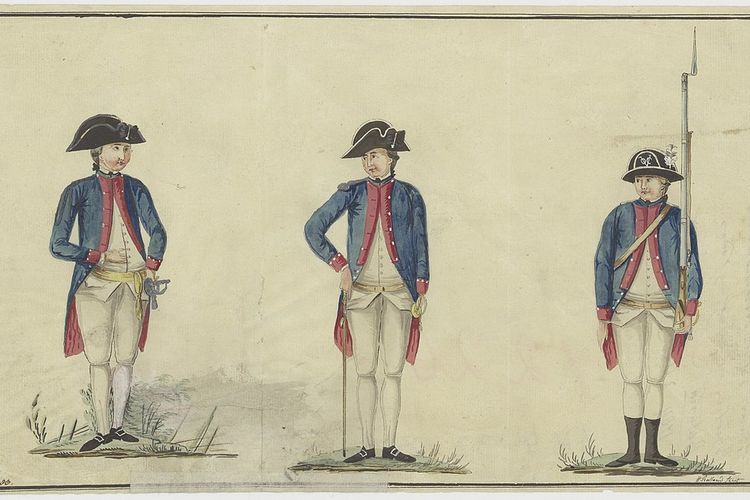 Beberapa variasi seragam VOC di Hindia Belanda (Indonesia). Ilustrasi berasal dari tahun 1784.