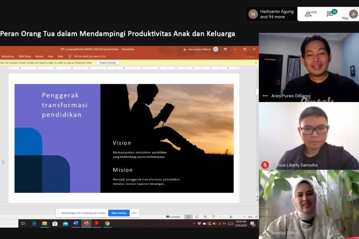 Acara PINtalk Online: Memaksimalkan Peran Orang Tua dalam Mendampingi Produktivitas Anak dan Keluarga yang diadakan oleh Platfom Pinjaman Dana Pendidikan Pintek, Kamis (16/4/2020). 