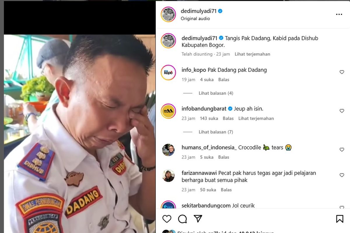 Kepala Bidang Lalu Lintas Dishub Kabupaten Bogor, Dadang Kosasih, menangis usai ditelepon Gubernur Jawa Barat Dedi Mulyadi, Minggu (6/4/2025).