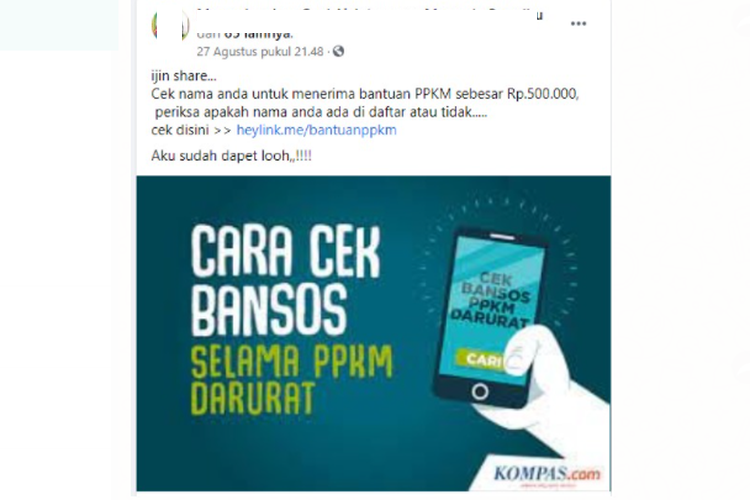 Beredar informasi link bantuan PPK sebesar Rp 500.000. Informasi ini tidak benar.