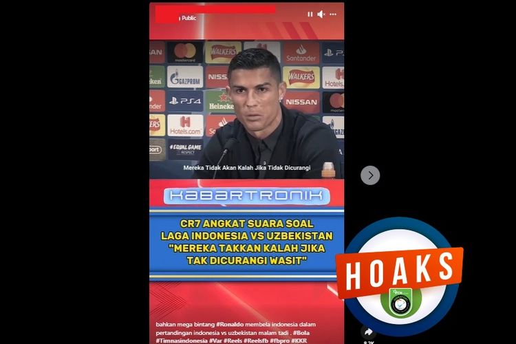 Tangkapan layar Facebook narasi yang mengeklaim Ronaldo mengatakan Indonesia tidak akan kalah dari Uzbekistan jika tidak dicurangi wasit