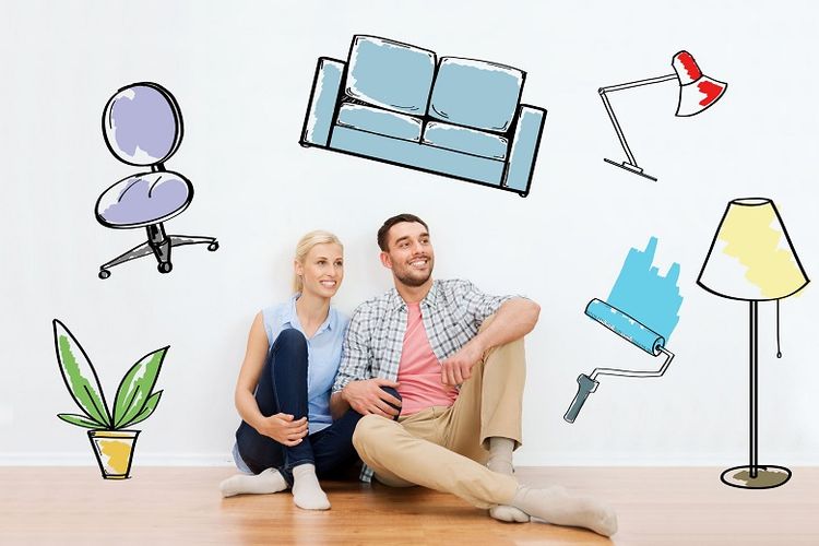 home, people, repair, moving and real estate concept - happy couple of man and woman sitting on floor at new place over interior doodles background