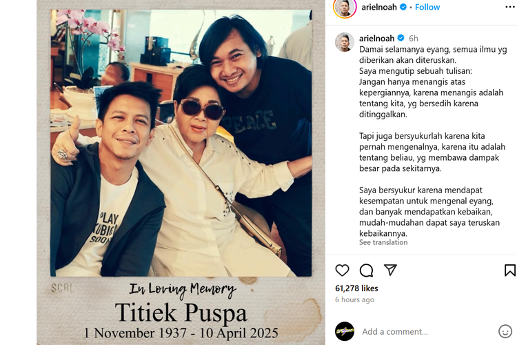 Titiek Puspa Meninggal Dunia, Ariel NOAH: Semua Ilmu yang Diberikan Akan Diteruskan
