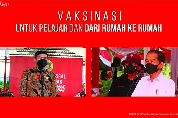 DIALOG—Presiden Jokowi berdialog secara virtual dengan Bupati Gowa, Adnan Purichta Ichsan Yasin Limpo terkait capaian vaksinasi di daerah saat berkunjung di Kabupaten Madiun, Jawa Timur, Kamis (19/8/2021).