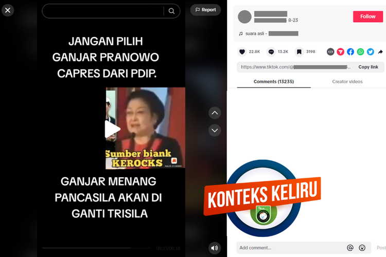 Tangkapan layar unggahan dengan konteks keliru di sebuah akun TikTok, 23 Agustus 2023, soal video Megawati menyebut Pancasila tidak ada artinya.