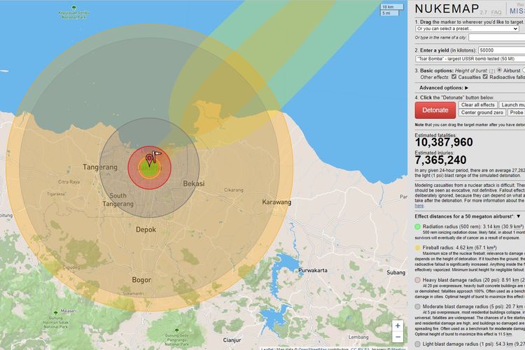 Simulasi jika bom nuklir Tsar Bomba berdaya ledak 50 megaton dijatuhkan tepat di atas Monumen Nasional, Jakarta.
