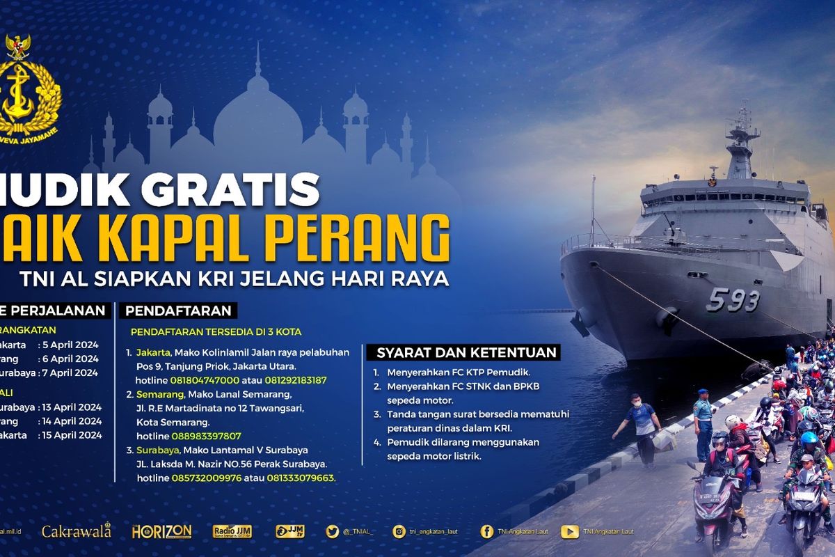 TNI Angkatan Laut menyiapkan satu Kapal Perang Republik Indonesia (KRI) untuk program mudik gratis bagi penumpang angkutan dan pengendara sepeda motor.