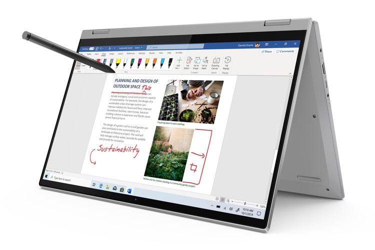 Lenovo IdeaPad Flex 5i bersama Lenovo Digital Pen bisa digunakan untuk menggambar atau mencoret-coret layar dengan tulisan.
