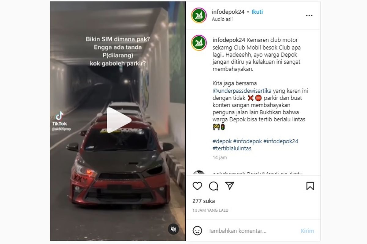 Sejumlah mobil diketahui parkir di Underpass Jalan Dewi Sartika Depok, Jawa Barat.