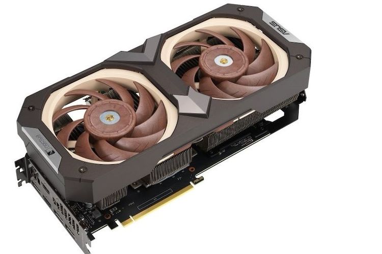 Wujud kartu grafis GeForce RTX 3070 Noctua Edition yang didominasi dengan kipas berwarna cokelat.