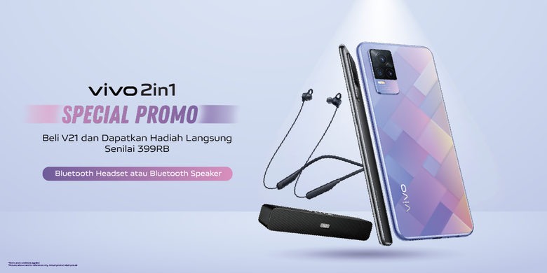Vivo menawarkan bonus berupa headset atau speaker bluetooth untuk pembelian ponsel Vivo V21