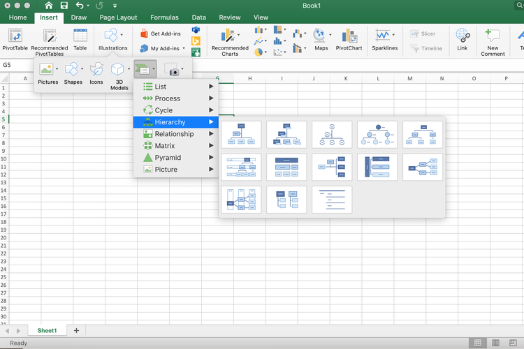 Ilustrasi cara membuat struktur organisasi di Excel.