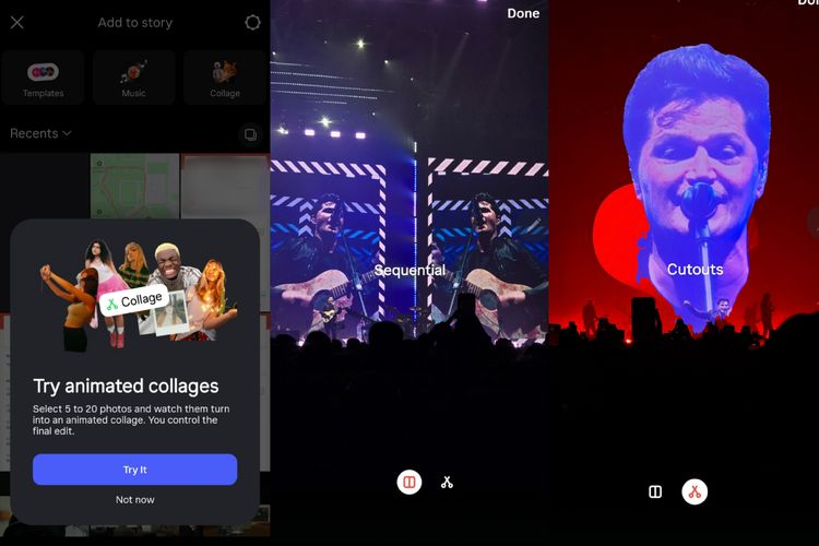 Instagram menyediakan dua gaya animated collage berbeda, yaitu Sequential dan Cutout.
