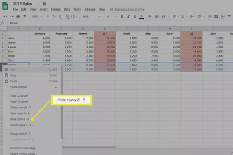 cara menyembunyikan baris di google sheets