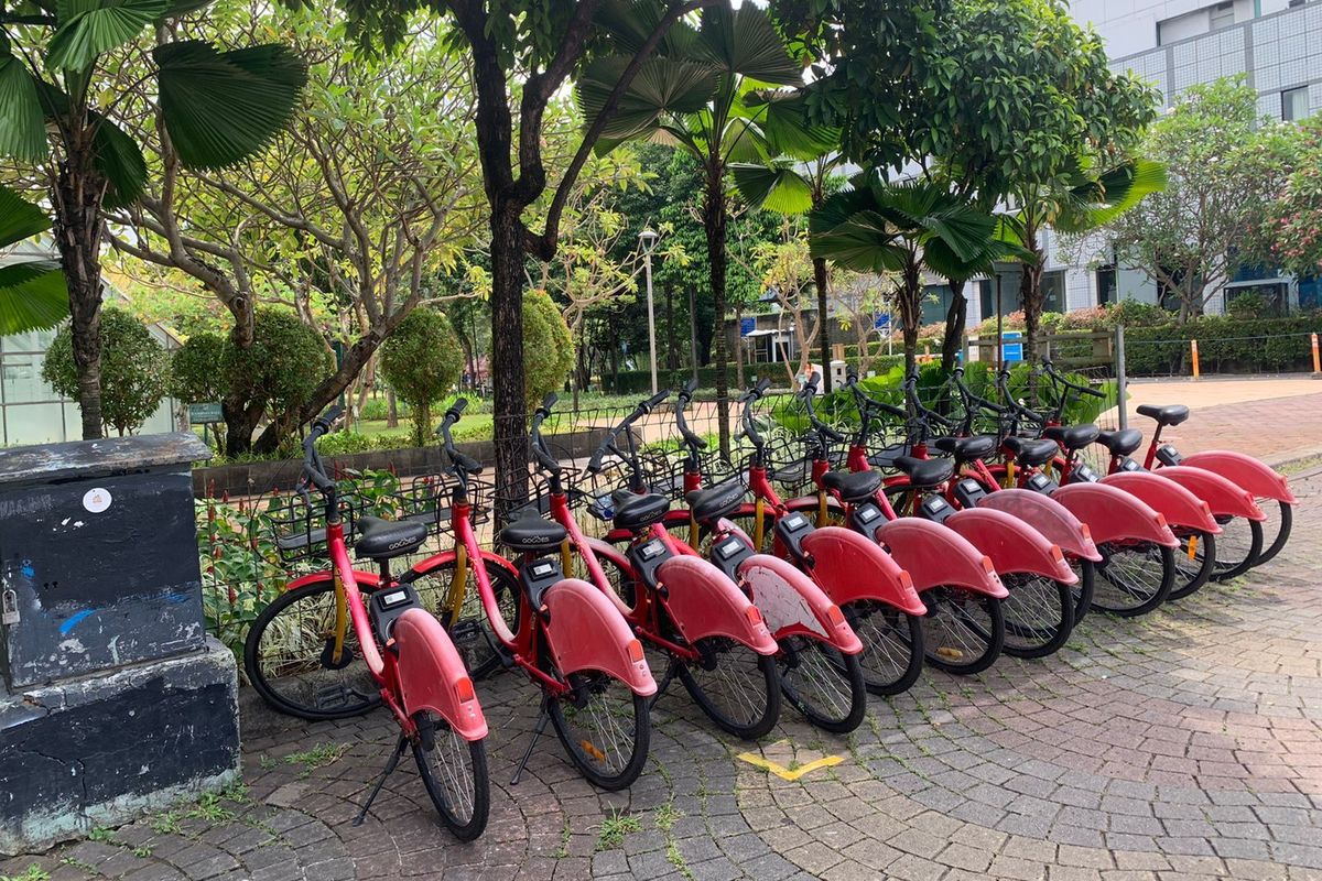 Layanan berbagi sepeda atau bike sharing yang dicanangkan Pemerintah Provinsi DKI Jakarta yang berada di kawasan Taman Menteng, Jakarta Pusat, saat ini kondisinya terbengkalai layaknya minim mendapatkan perawatan, Jumat (25/11/2022).