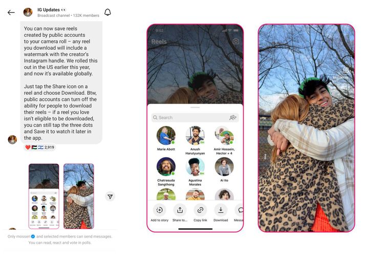 Ilustrasi pengumuman yang disampaikan CEO Instagram Adam Mosseri (kiri) dan tampilan fitur Download Reels di Instagram (kanan).