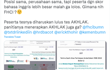 Tangkapan layar twit soal peserta Rekrutmen Bersama BUMN dengan skor tes bahasa Inggris lebih tinggi, tetapi tidak lolos ke tahap berikutnya.