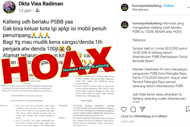 Tangkapan layar hoaks dari akun Facebook OVR terkait diterapkannya PSBB di Palangka Raya pada 8 Mei 2020.