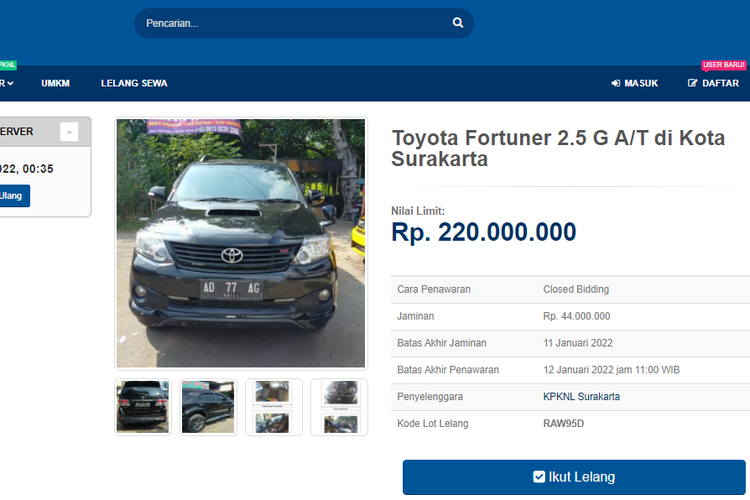 Tangkapan layar laman lelang Toyota Fortuner lansiran 2014 yang akan diselenggarakan pemerintah di situs lelang.go.id