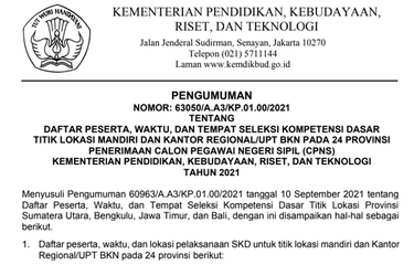 Kemendikbud Ristek mengumumkan daftar peserta, waktu, dan lokasi ujian SKD di titik lokasi mandiri dan kantor regional/unit pelaksana teknis (UPT) pada 24 provinsi.