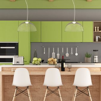 Ilustrasi dapur yang memiliki kombinasi warna hijau dan abu-abu