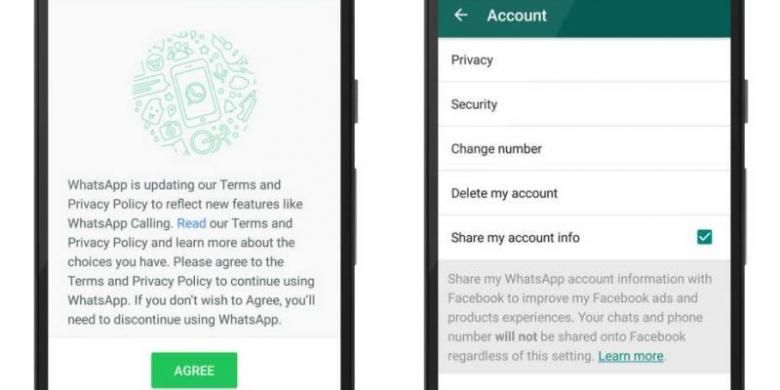 Opsi untuk menonaktifkan pilihan penyerahan data ke Facebook di aplikasi WhatsApp.