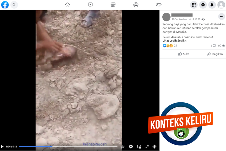 Tangkapan layar konten denga konteks keliru di sebuah akun Facebook, Minggu (10/9/2023), soal video bayi baru lahir dikeluarkan dari reruntuhan gempa bumi Maroko.