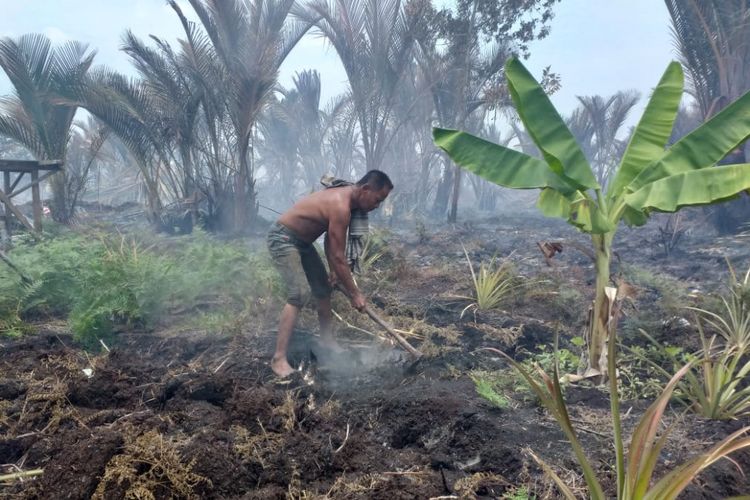 Andik Baso (50) sedang membuat sekat-sekat di sekeliling rumahnya yang dikepung api kebakaran hutan dan lahan di Dusun Mereng, Desa Tebun, Kecamatan Rangsang, Kabupaten Kepulauan Meranti, Riau, Jumat (8/3/2019).