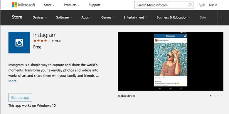 Aplikasi Instagram di Windows Store