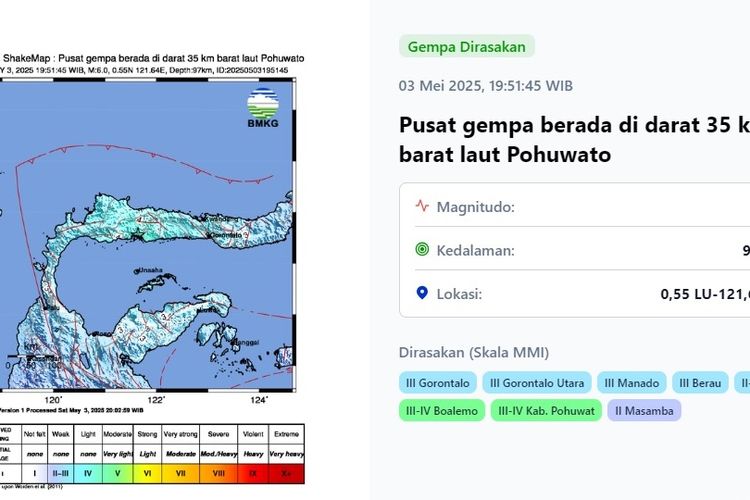Gempa berkekuatan Magnitudo 6,0 mengguncang Pohuwato, Gorontalo, hari ini Sabtu (3/5/2025) sekitar pukul 20.51 WITA atau 19.51 WIB. Episenter gempa bumi terletak pada koordinat 0,57° LU ; 121,68° BT atau tepatnya berlokasi di darat 32 kilometer arah barat laut Pohuwato, Gorontalo pada kedalaman 97 kilometer.