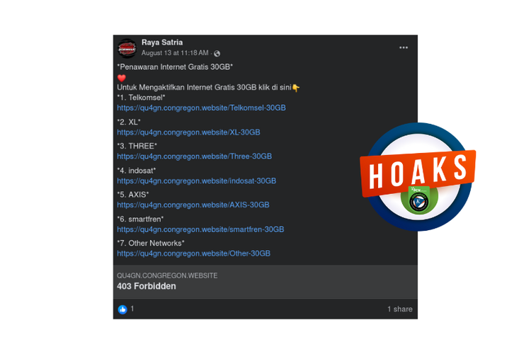 Hoaks, tautan kuota internet gratis 30 GB