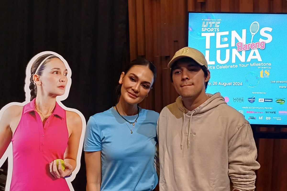 Pasangan kekasih aktris Luna Maya dan aktor Maxime Bouttier usai konferensi pers pertandingan Tennis Bareng Luna di SCTV Tower, Jakarta Pusat, Sabtu (24/8/2024).