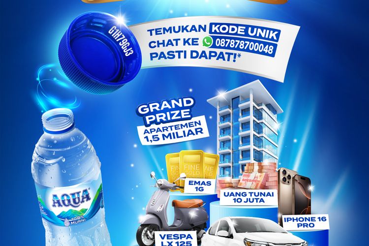 Program spesial Minum AQUA Dapat Hadiah Miliaran yang berlangsung dari 1 Agustus hingga 31 Desember 2025 menawarkan hadiah langsung tanpa undian bagi konsumen yang menemukan tutup botol berkode unik.