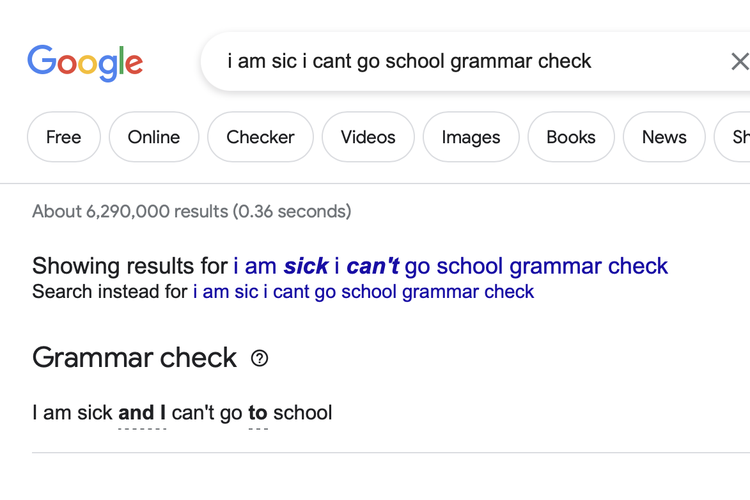 Hasil pengecekan tata bahasa (grammar) di kolom pencarian Google (Google Search)