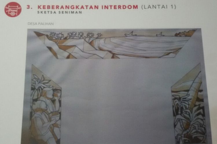 Sketsa salah satu gawangan gate di bandara Yogyakarta International Airport di Kecamatan Temon, Kulon Progo, Daerah Istimewa Yogyakarta. Sketsa ini menggambarkan Desa Palihan sebagai terdampak pembangunan YIA.