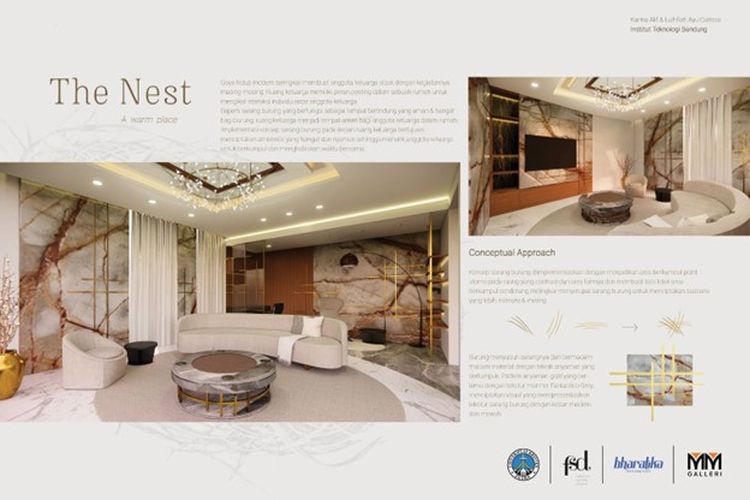 Desain ruang keluarga yang terinspirasi dari sarang burung oleh Karina dan Carissa sebagai Bronze Winner pada Bharatika Creative Design Festival 2022.
